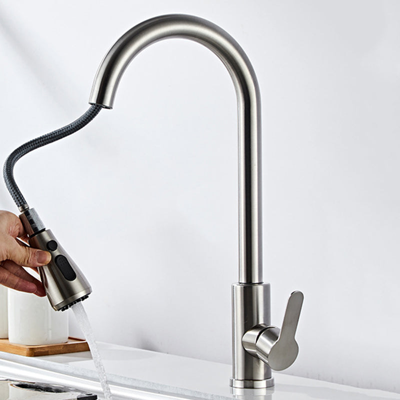 Modern 1-Handle Faucet with Pull out Sprayer 304 Stainless Steel Gooseneck Faucet Grey Supply Lines Not Included Clearhalo 'Home Improvement' 'home_improvement' 'home_improvement_kitchen_faucets' 'Kitchen Faucets' 'Kitchen Remodel & Kitchen Fixtures' 'Kitchen Sinks & Faucet Components' 'kitchen_faucets' 6272631