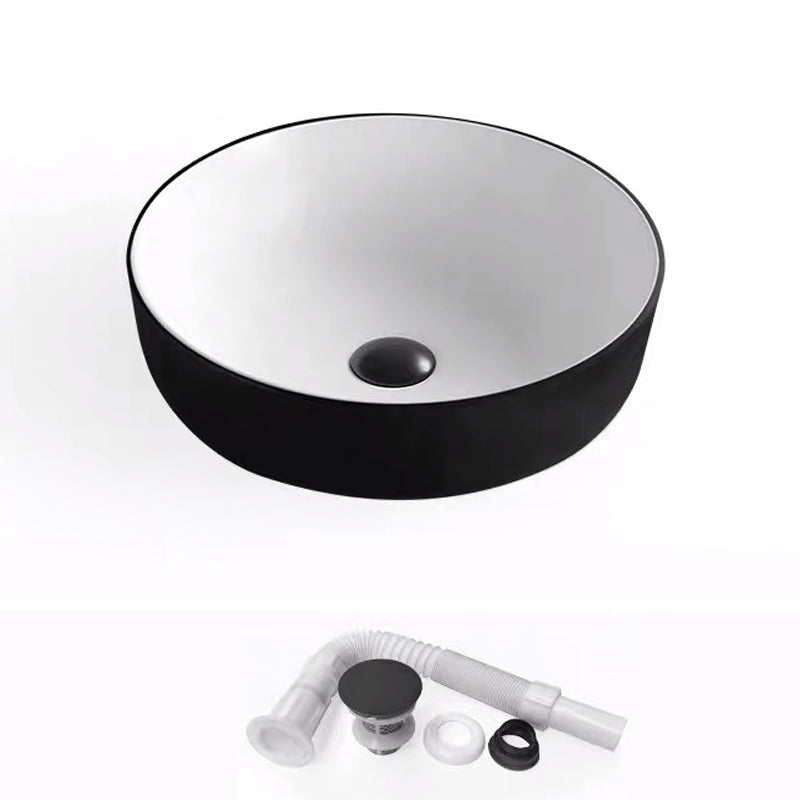 Modern Bathroom Sink Porcelain Rectangular with Pop-Up Drain and Faucet Wash Stand 17"L x 17"W x 5"H White Black Sink Clearhalo 'Bathroom Remodel & Bathroom Fixtures' 'Bathroom Sinks & Faucet Components' 'Bathroom Sinks' 'bathroom_sink' 'Home Improvement' 'home_improvement' 'home_improvement_bathroom_sink' 6272716