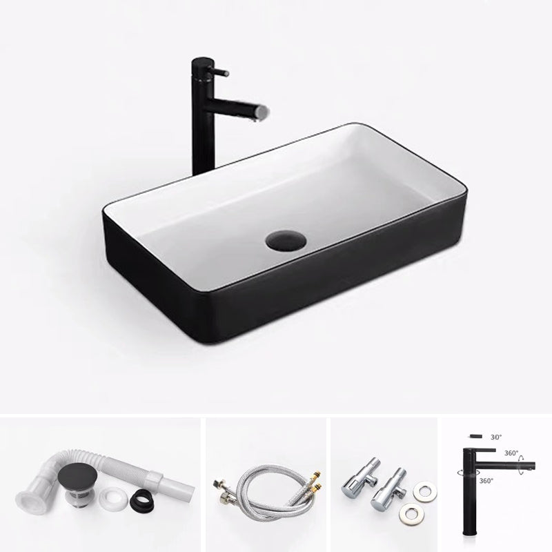 Modern Bathroom Sink Porcelain Rectangular with Pop-Up Drain and Faucet Wash Stand 24"L x 14"W x 4"H White Black Sink with Faucet Clearhalo 'Bathroom Remodel & Bathroom Fixtures' 'Bathroom Sinks & Faucet Components' 'Bathroom Sinks' 'bathroom_sink' 'Home Improvement' 'home_improvement' 'home_improvement_bathroom_sink' 6272742