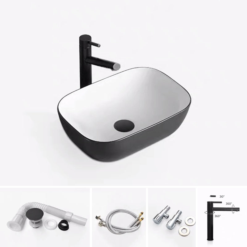 Modern Bathroom Sink Porcelain Rectangular with Pop-Up Drain and Faucet Wash Stand 18"L x 13"W x 5"H White/ Black Sink with Faucet Clearhalo 'Bathroom Remodel & Bathroom Fixtures' 'Bathroom Sinks & Faucet Components' 'Bathroom Sinks' 'bathroom_sink' 'Home Improvement' 'home_improvement' 'home_improvement_bathroom_sink' 6272743