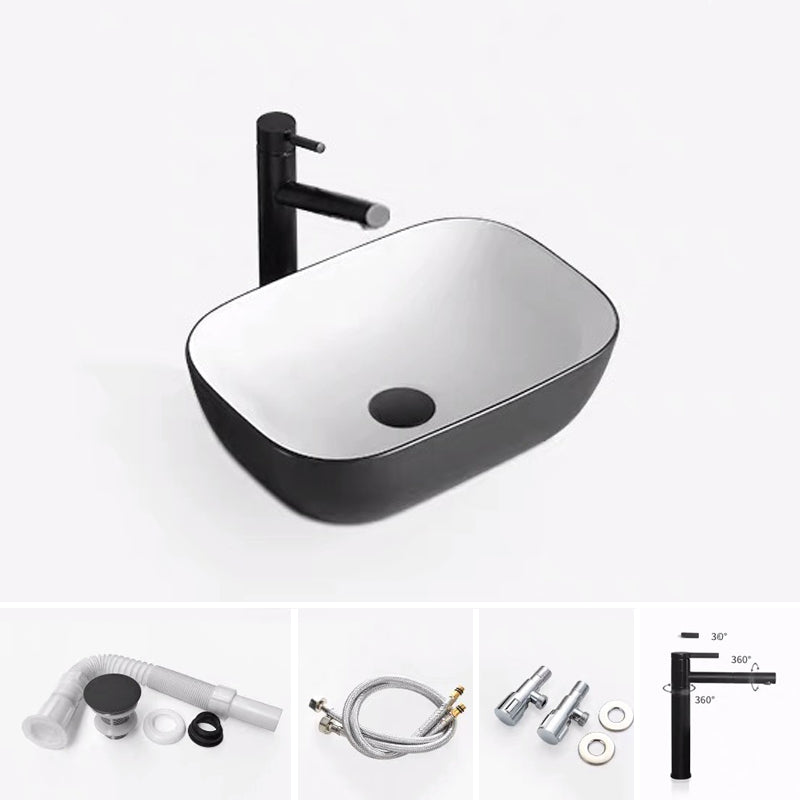 Modern Bathroom Sink Porcelain Rectangular with Pop-Up Drain and Faucet Wash Stand 18"L x 13"W x 5"H White Black Sink with Faucet Clearhalo 'Bathroom Remodel & Bathroom Fixtures' 'Bathroom Sinks & Faucet Components' 'Bathroom Sinks' 'bathroom_sink' 'Home Improvement' 'home_improvement' 'home_improvement_bathroom_sink' 6272743