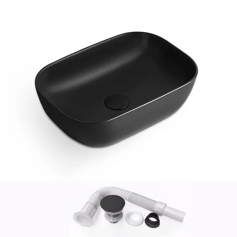 Modern Bathroom Sink Porcelain Rectangular with Pop-Up Drain and Faucet Wash Stand 18"L x 13"W x 5"H Black Sink Clearhalo 'Bathroom Remodel & Bathroom Fixtures' 'Bathroom Sinks & Faucet Components' 'Bathroom Sinks' 'bathroom_sink' 'Home Improvement' 'home_improvement' 'home_improvement_bathroom_sink' 6272745