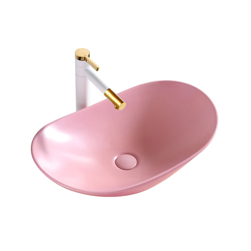 Modern Bathroom Sink Porcelain Oval with Basin and Faucet Vessel Lavatory Sink Pink Clearhalo 'Bathroom Remodel & Bathroom Fixtures' 'Bathroom Sinks & Faucet Components' 'Bathroom Sinks' 'bathroom_sink' 'Home Improvement' 'home_improvement' 'home_improvement_bathroom_sink' 6272829