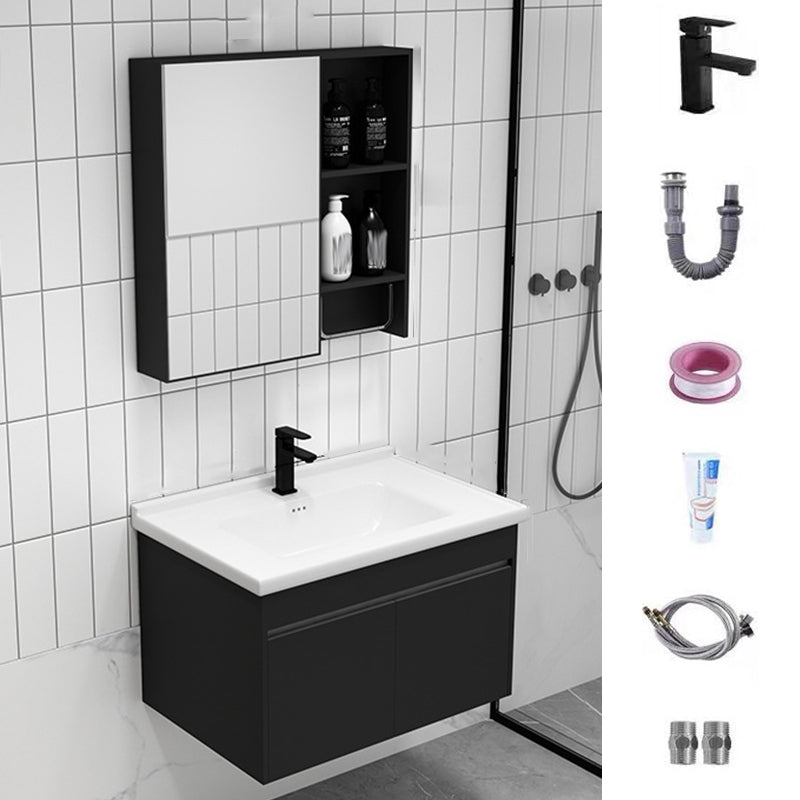 Contemporary Black Bath Vanity Metal Open Console with Sink Set Vanity & Faucet & Mirror Cabinet 27.5"L x 16"W x 18"H Clearhalo 'Bathroom Remodel & Bathroom Fixtures' 'Bathroom Vanities' 'bathroom_vanities' 'Home Improvement' 'home_improvement' 'home_improvement_bathroom_vanities' 6273172