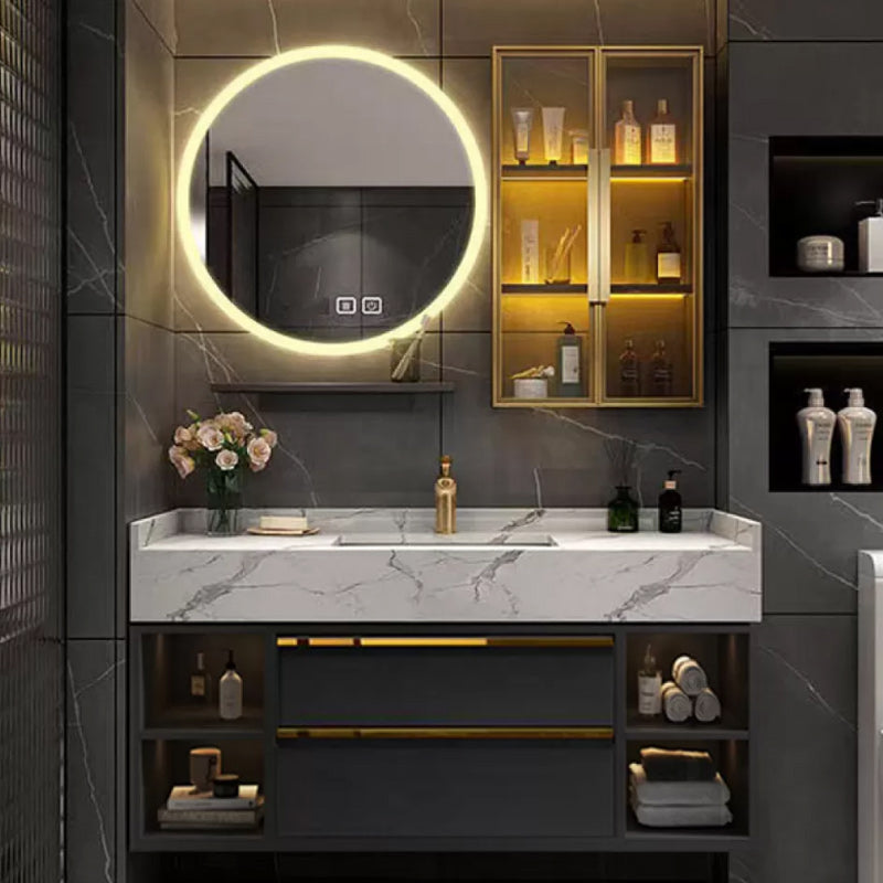 Glam Bathroom Sink Vanity Quartz with Mirror and Faucet Wall-Mounted Vanity Sink Vanity & Faucet & Mirror Cabinet Black-Grey Clearhalo 'Bathroom Remodel & Bathroom Fixtures' 'Bathroom Vanities' 'bathroom_vanities' 'Home Improvement' 'home_improvement' 'home_improvement_bathroom_vanities' 6273192