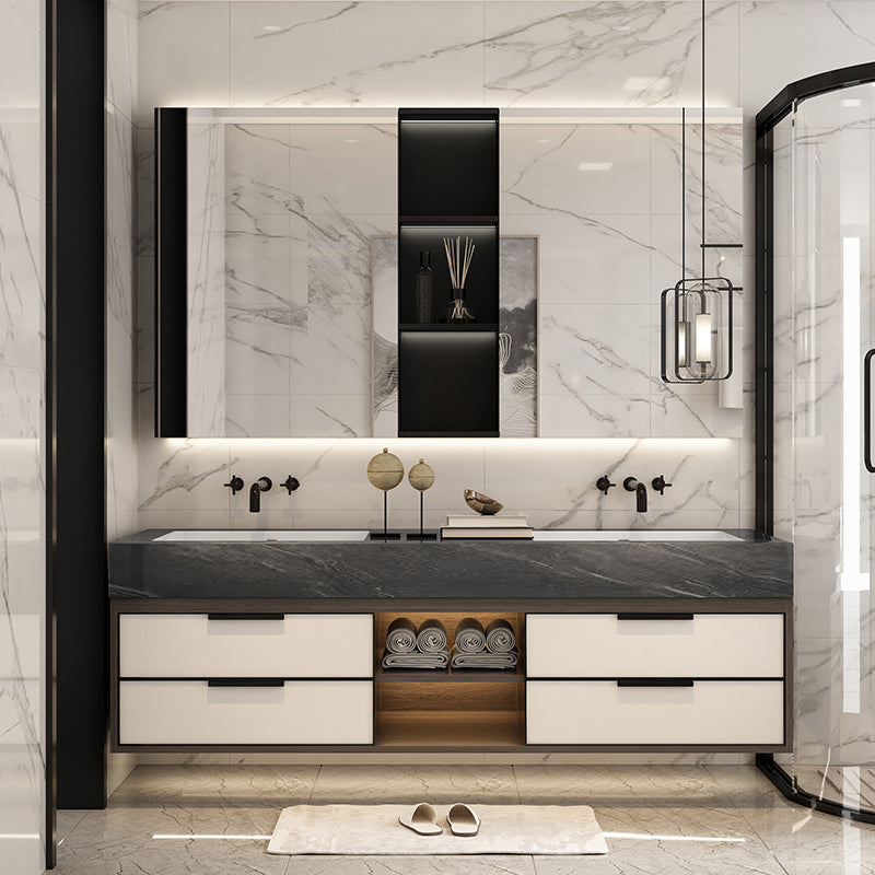 Modern Bathroom Sink Vanity Limestone Faucet and Mirror Open Console with Sink Set Clearhalo 'Bathroom Remodel & Bathroom Fixtures' 'Bathroom Vanities' 'bathroom_vanities' 'Home Improvement' 'home_improvement' 'home_improvement_bathroom_vanities' 6273238