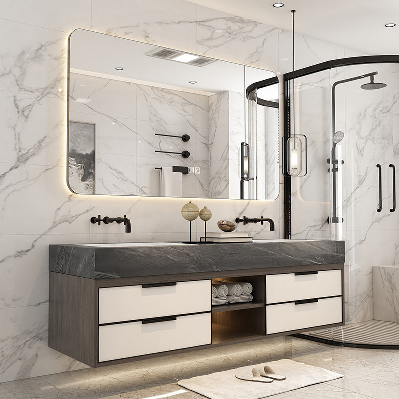 Modern Bathroom Sink Vanity Limestone Faucet and Mirror Open Console with Sink Set Clearhalo 'Bathroom Remodel & Bathroom Fixtures' 'Bathroom Vanities' 'bathroom_vanities' 'Home Improvement' 'home_improvement' 'home_improvement_bathroom_vanities' 6273239