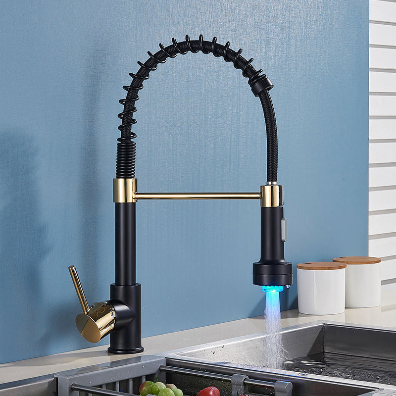 Brass Spring Spout Kitchen Faucet with Single Handle Kitchen Faucet with LED Lighting Black Gold Clearhalo 'Home Improvement' 'home_improvement' 'home_improvement_kitchen_faucets' 'Kitchen Faucets' 'Kitchen Remodel & Kitchen Fixtures' 'Kitchen Sinks & Faucet Components' 'kitchen_faucets' 6284784