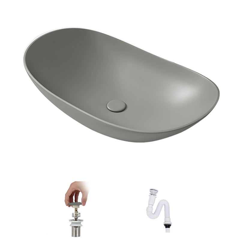 Contemporary Bathroom Sink Porcelain Oval-Shape Vessel Lavatory Sink with Pop-Up Drain Grey Sink Clearhalo 'Bathroom Remodel & Bathroom Fixtures' 'Bathroom Sinks & Faucet Components' 'Bathroom Sinks' 'bathroom_sink' 'Home Improvement' 'home_improvement' 'home_improvement_bathroom_sink' 6284982