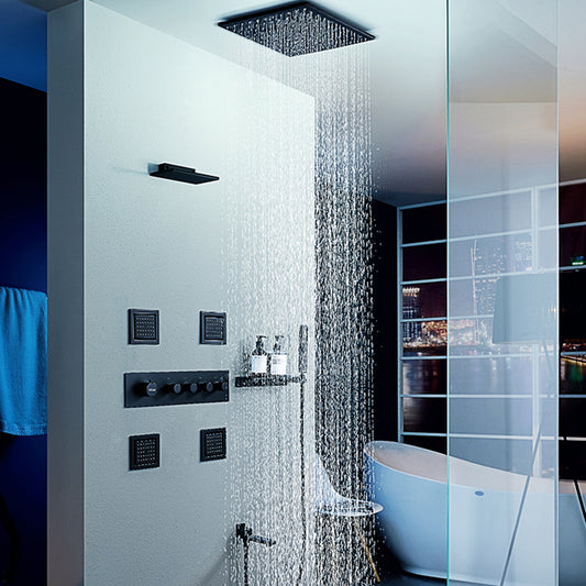 Modern Shower Faucet Adjustable Water Flow Rain Shower Head Shower System in Black Clearhalo 'Bathroom Remodel & Bathroom Fixtures' 'Home Improvement' 'home_improvement' 'home_improvement_shower_faucets' 'Shower Faucets & Systems' 'shower_faucets' 'Showers & Bathtubs Plumbing' 'Showers & Bathtubs' 6285332