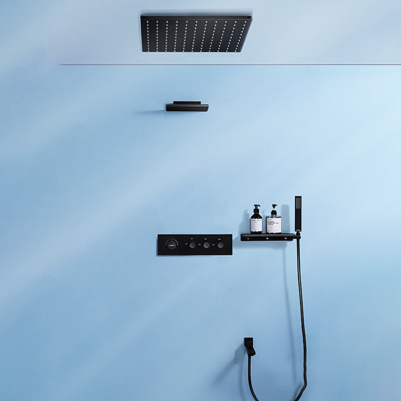 Modern Shower Faucet Adjustable Water Flow Rain Shower Head Shower System in Black 16"L x 16"W 4 Thermostatic Clearhalo 'Bathroom Remodel & Bathroom Fixtures' 'Home Improvement' 'home_improvement' 'home_improvement_shower_faucets' 'Shower Faucets & Systems' 'shower_faucets' 'Showers & Bathtubs Plumbing' 'Showers & Bathtubs' 6285349
