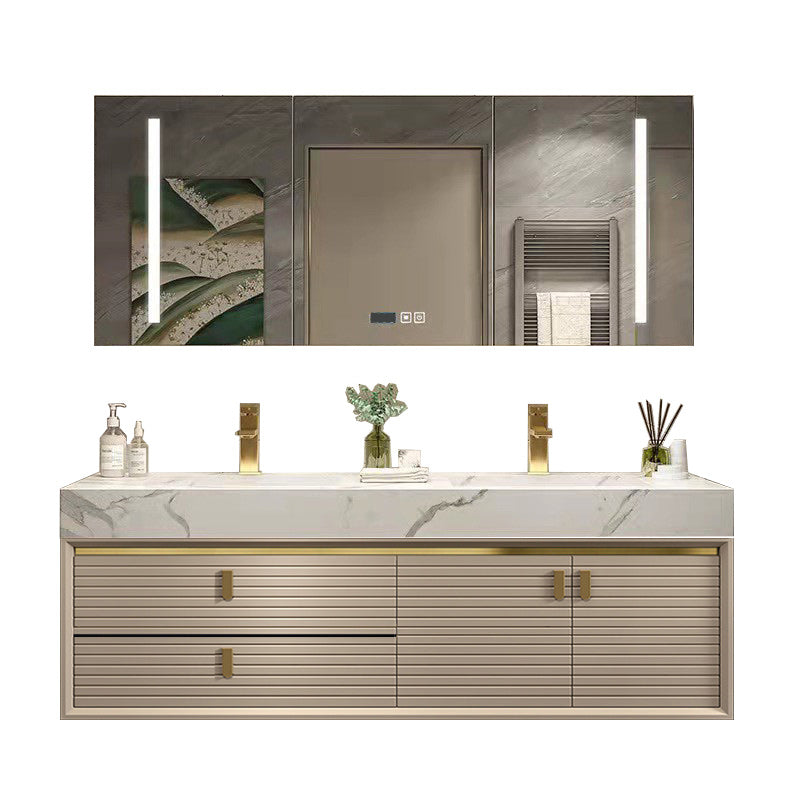 Glam Vanity Set Quartz Top Standalone Cabinet and Mirror Space Saver Vanity Clearhalo 'Bathroom Remodel & Bathroom Fixtures' 'Bathroom Vanities' 'bathroom_vanities' 'Home Improvement' 'home_improvement' 'home_improvement_bathroom_vanities' 6286613