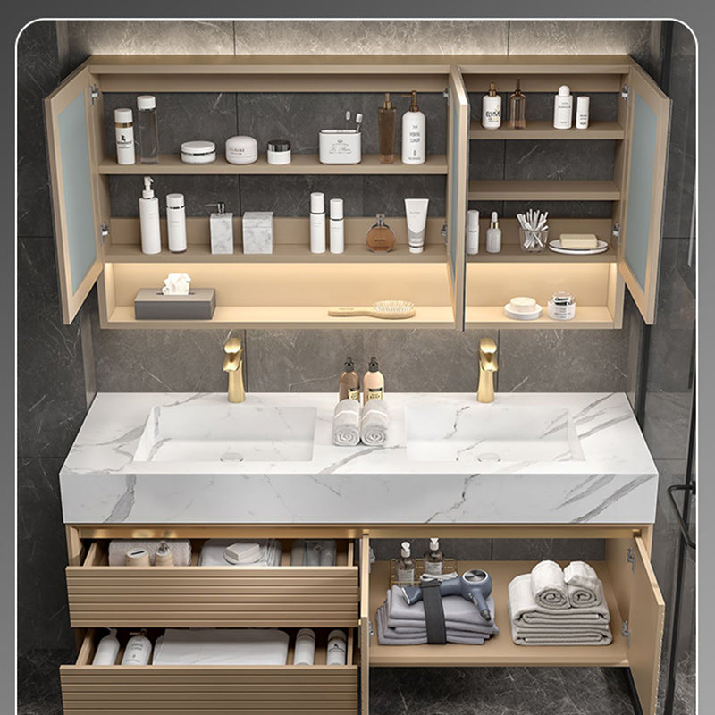 Glam Vanity Set Quartz Top Standalone Cabinet and Mirror Space Saver Vanity Clearhalo 'Bathroom Remodel & Bathroom Fixtures' 'Bathroom Vanities' 'bathroom_vanities' 'Home Improvement' 'home_improvement' 'home_improvement_bathroom_vanities' 6286618