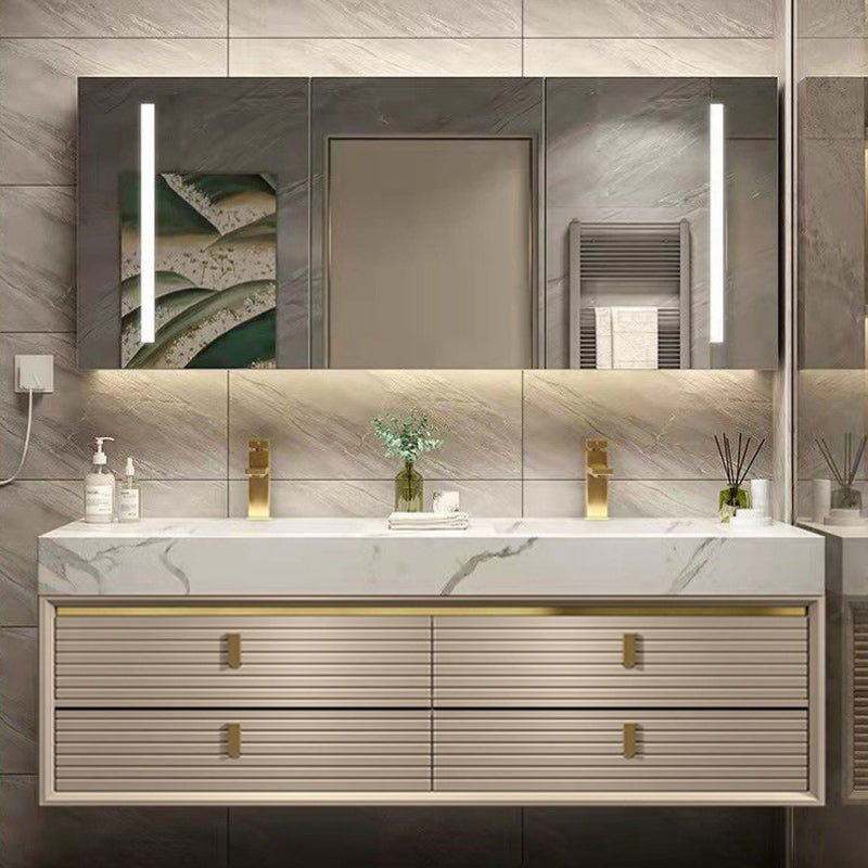 Glam Vanity Set Quartz Top Standalone Cabinet and Mirror Space Saver Vanity Clearhalo 'Bathroom Remodel & Bathroom Fixtures' 'Bathroom Vanities' 'bathroom_vanities' 'Home Improvement' 'home_improvement' 'home_improvement_bathroom_vanities' 6286623