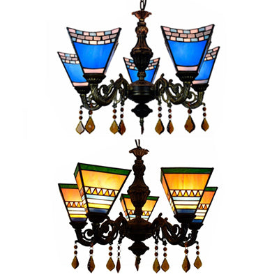 Geometric Hanging light Retro Style Stained Glass 5 Bulbs Chandelier with Crystal Pendants in Yellow/Blue for Bedroom Clearhalo 'Ceiling Lights' 'Chandeliers' 'Industrial' 'Island Lights' 'Middle Century Chandeliers' 'Tiffany Chandeliers' 'Tiffany close to ceiling' 'Tiffany' Lighting' 62960