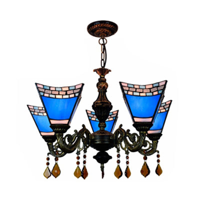 Geometric Hanging light Retro Style Stained Glass 5 Bulbs Chandelier with Crystal Pendants in Yellow/Blue for Bedroom Clearhalo 'Ceiling Lights' 'Chandeliers' 'Industrial' 'Island Lights' 'Middle Century Chandeliers' 'Tiffany Chandeliers' 'Tiffany close to ceiling' 'Tiffany' Lighting' 62961