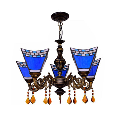 Geometric Hanging light Retro Style Stained Glass 5 Bulbs Chandelier with Crystal Pendants in Yellow/Blue for Bedroom Clearhalo 'Ceiling Lights' 'Chandeliers' 'Industrial' 'Island Lights' 'Middle Century Chandeliers' 'Tiffany Chandeliers' 'Tiffany close to ceiling' 'Tiffany' Lighting' 62962