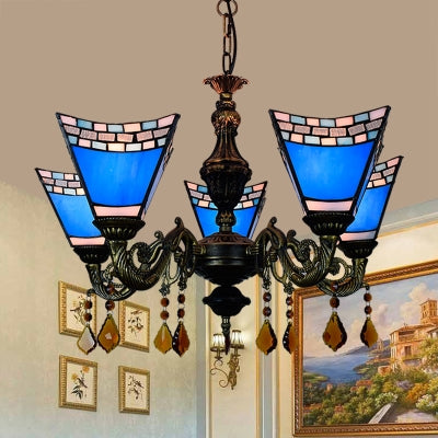 Geometric Hanging light Retro Style Stained Glass 5 Bulbs Chandelier with Crystal Pendants in Yellow/Blue for Bedroom Blue Clearhalo 'Ceiling Lights' 'Chandeliers' 'Industrial' 'Island Lights' 'Middle Century Chandeliers' 'Tiffany Chandeliers' 'Tiffany close to ceiling' 'Tiffany' Lighting' 62963