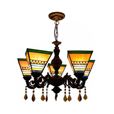 Geometric Hanging light Retro Style Stained Glass 5 Bulbs Chandelier with Crystal Pendants in Yellow/Blue for Bedroom Clearhalo 'Ceiling Lights' 'Chandeliers' 'Industrial' 'Island Lights' 'Middle Century Chandeliers' 'Tiffany Chandeliers' 'Tiffany close to ceiling' 'Tiffany' Lighting' 62964