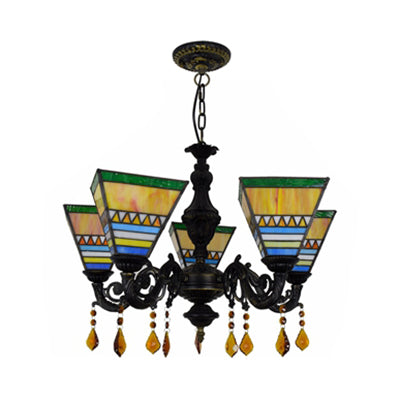 Geometric Hanging light Retro Style Stained Glass 5 Bulbs Chandelier with Crystal Pendants in Yellow/Blue for Bedroom Clearhalo 'Ceiling Lights' 'Chandeliers' 'Industrial' 'Island Lights' 'Middle Century Chandeliers' 'Tiffany Chandeliers' 'Tiffany close to ceiling' 'Tiffany' Lighting' 62965