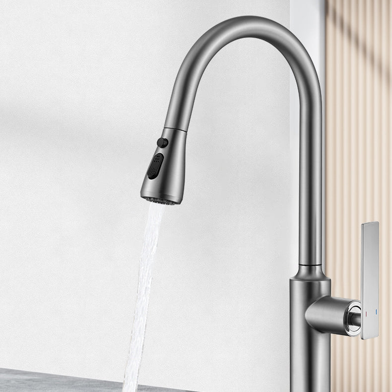 Modern Style Retractable Copper Kitchen Faucet Single Handle High Arc Kitchen Faucet Silver Gray Clearhalo 'Home Improvement' 'home_improvement' 'home_improvement_kitchen_faucets' 'Kitchen Faucets' 'Kitchen Remodel & Kitchen Fixtures' 'Kitchen Sinks & Faucet Components' 'kitchen_faucets' 6298234