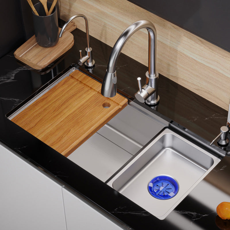 Modern Kitchen Sink Stainless Steel with Grid Strainer and Faucet Workstation Sink Clearhalo 'Home Improvement' 'home_improvement' 'home_improvement_kitchen_sinks' 'Kitchen Remodel & Kitchen Fixtures' 'Kitchen Sinks & Faucet Components' 'Kitchen Sinks' 'kitchen_sinks' 6298345