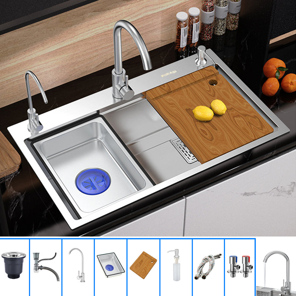 Modern Kitchen Sink Stainless Steel with Grid Strainer and Faucet Workstation Sink Sink with Faucet Round Faucet Clearhalo 'Home Improvement' 'home_improvement' 'home_improvement_kitchen_sinks' 'Kitchen Remodel & Kitchen Fixtures' 'Kitchen Sinks & Faucet Components' 'Kitchen Sinks' 'kitchen_sinks' 6298346