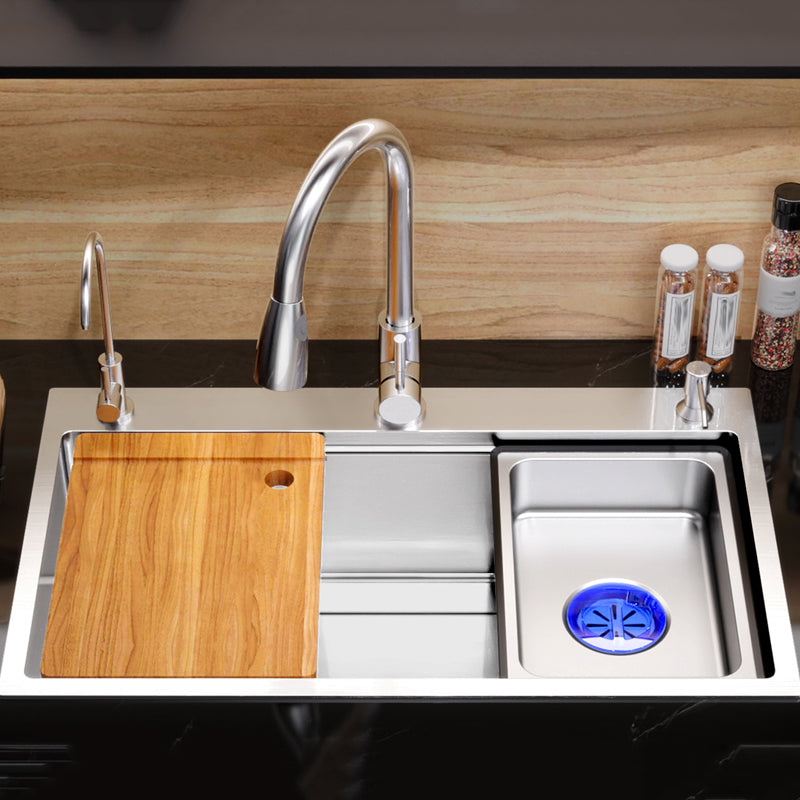 Modern Kitchen Sink Stainless Steel with Grid Strainer and Faucet Workstation Sink Clearhalo 'Home Improvement' 'home_improvement' 'home_improvement_kitchen_sinks' 'Kitchen Remodel & Kitchen Fixtures' 'Kitchen Sinks & Faucet Components' 'Kitchen Sinks' 'kitchen_sinks' 6298348