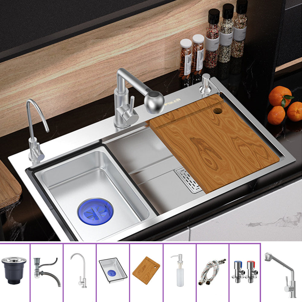 Modern Kitchen Sink Stainless Steel with Grid Strainer and Faucet Workstation Sink Sink with Faucet Straight Pull-Out Faucet Clearhalo 'Home Improvement' 'home_improvement' 'home_improvement_kitchen_sinks' 'Kitchen Remodel & Kitchen Fixtures' 'Kitchen Sinks & Faucet Components' 'Kitchen Sinks' 'kitchen_sinks' 6298349