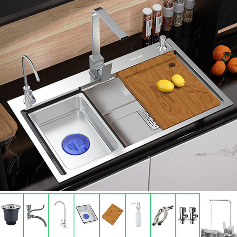 Modern Kitchen Sink Stainless Steel with Grid Strainer and Faucet Workstation Sink Sink with Faucet Square Faucet Clearhalo 'Home Improvement' 'home_improvement' 'home_improvement_kitchen_sinks' 'Kitchen Remodel & Kitchen Fixtures' 'Kitchen Sinks & Faucet Components' 'Kitchen Sinks' 'kitchen_sinks' 6298351