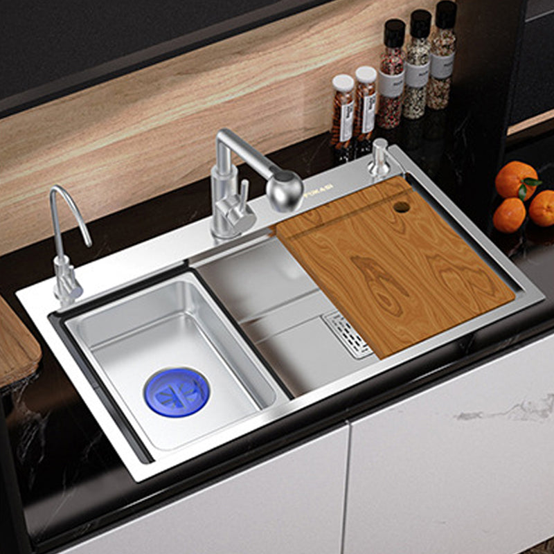 Modern Kitchen Sink Stainless Steel with Grid Strainer and Faucet Workstation Sink Clearhalo 'Home Improvement' 'home_improvement' 'home_improvement_kitchen_sinks' 'Kitchen Remodel & Kitchen Fixtures' 'Kitchen Sinks & Faucet Components' 'Kitchen Sinks' 'kitchen_sinks' 6298370