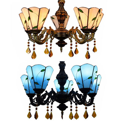 5 Heads Scalloped Hanging Pendant Rustic Stained Glass Leaf Chandelier Light with Crystal in Blue/Beige for Dining Room Clearhalo 'Ceiling Lights' 'Chandeliers' 'Industrial' 'Middle Century Chandeliers' 'Tiffany Chandeliers' 'Tiffany close to ceiling' 'Tiffany' Lighting' 62986