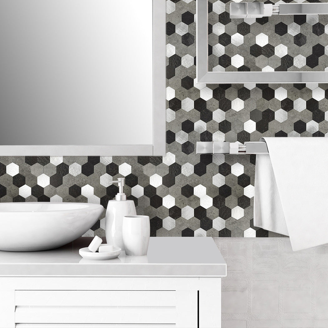Hexagonal Mosaic Tile Metal Peel and Stick Tiles for Kitchen and Bathroom, 11.8"x 11.8" Black/White/Gray 10-Piece Set Clearhalo 'Flooring 'Home Improvement' 'home_improvement' 'home_improvement_peel_stick_blacksplash' 'Peel & Stick Backsplash Tile' 'peel_stick_blacksplash' 'Walls & Ceilings' Walls and Ceiling' 6298615