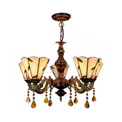 5 Heads Scalloped Hanging Pendant Rustic Stained Glass Leaf Chandelier Light with Crystal in Blue/Beige for Dining Room Clearhalo 'Ceiling Lights' 'Chandeliers' 'Industrial' 'Middle Century Chandeliers' 'Tiffany Chandeliers' 'Tiffany close to ceiling' 'Tiffany' Lighting' 62987