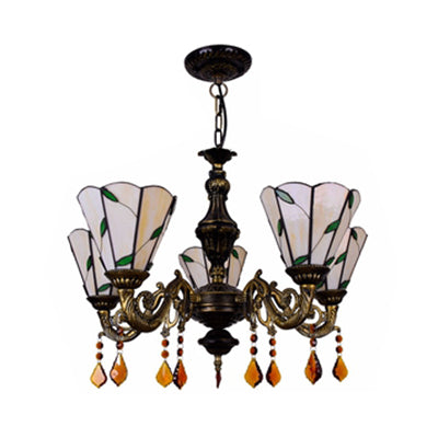 5 Heads Scalloped Hanging Pendant Rustic Stained Glass Leaf Chandelier Light with Crystal in Blue/Beige for Dining Room Clearhalo 'Ceiling Lights' 'Chandeliers' 'Industrial' 'Middle Century Chandeliers' 'Tiffany Chandeliers' 'Tiffany close to ceiling' 'Tiffany' Lighting' 62988