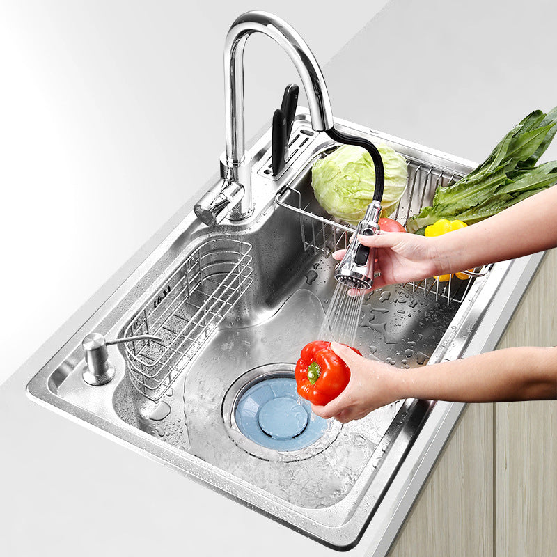 Modern Workstation Sink Stainless Steel with Drain Strainer Kit Kitchen Sink Clearhalo 'Home Improvement' 'home_improvement' 'home_improvement_kitchen_sinks' 'Kitchen Remodel & Kitchen Fixtures' 'Kitchen Sinks & Faucet Components' 'Kitchen Sinks' 'kitchen_sinks' 6298829