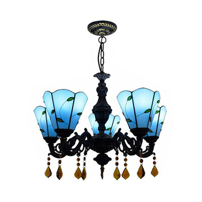 5 Heads Scalloped Hanging Pendant Rustic Stained Glass Leaf Chandelier Light with Crystal in Blue/Beige for Dining Room Clearhalo 'Ceiling Lights' 'Chandeliers' 'Industrial' 'Middle Century Chandeliers' 'Tiffany Chandeliers' 'Tiffany close to ceiling' 'Tiffany' Lighting' 62991