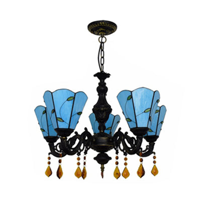 5 Heads Scalloped Hanging Pendant Rustic Stained Glass Leaf Chandelier Light with Crystal in Blue/Beige for Dining Room Clearhalo 'Ceiling Lights' 'Chandeliers' 'Industrial' 'Middle Century Chandeliers' 'Tiffany Chandeliers' 'Tiffany close to ceiling' 'Tiffany' Lighting' 62992