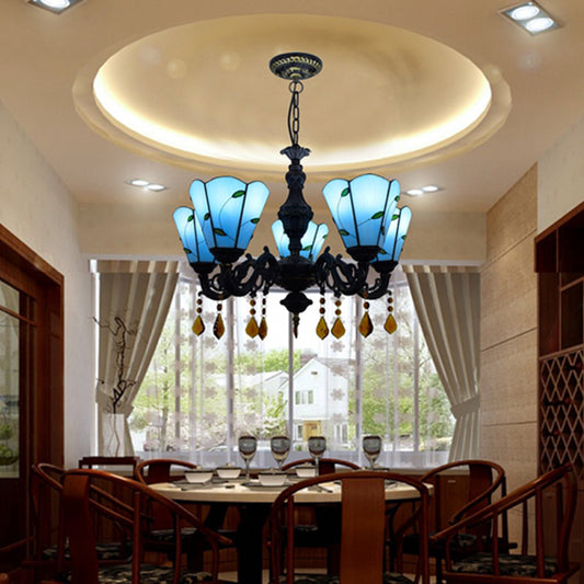 5 Heads Scalloped Hanging Pendant Rustic Stained Glass Leaf Chandelier Light with Crystal in Blue/Beige for Dining Room Blue Clearhalo 'Ceiling Lights' 'Chandeliers' 'Industrial' 'Middle Century Chandeliers' 'Tiffany Chandeliers' 'Tiffany close to ceiling' 'Tiffany' Lighting' 62993