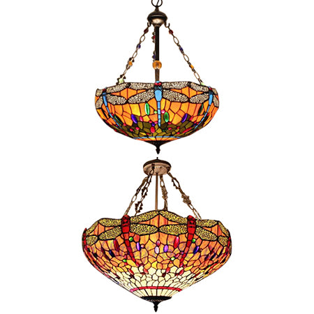 Orange Bowl Hanging Ceiling Light with Dragonfly Pattern 18"/23.5" W Lodge Tiffany Stained Pendant Light for Foyer Clearhalo 'Ceiling Lights' 'Chandeliers' 'Industrial' 'Middle Century Chandeliers' 'Tiffany Chandeliers' 'Tiffany close to ceiling' 'Tiffany' Lighting' 62994