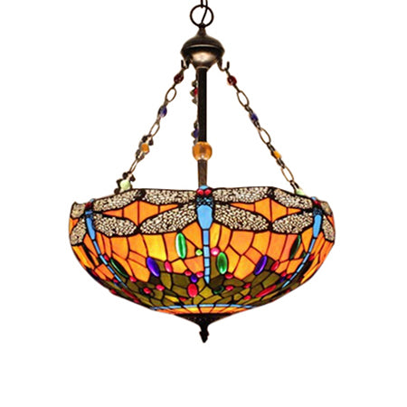 Orange Bowl Hanging Ceiling Light with Dragonfly Pattern 18"/23.5" W Lodge Tiffany Stained Pendant Light for Foyer Orange 16" Clearhalo 'Ceiling Lights' 'Chandeliers' 'Industrial' 'Middle Century Chandeliers' 'Tiffany Chandeliers' 'Tiffany close to ceiling' 'Tiffany' Lighting' 62995