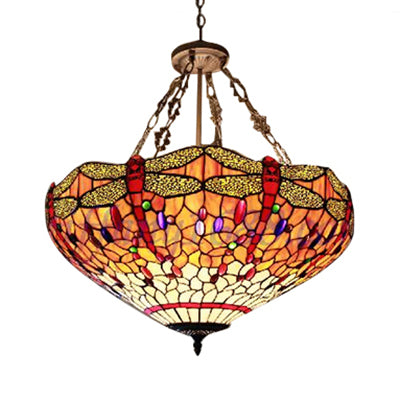 Orange Bowl Hanging Ceiling Light with Dragonfly Pattern 18"/23.5" W Lodge Tiffany Stained Pendant Light for Foyer Orange 23.5" Clearhalo 'Ceiling Lights' 'Chandeliers' 'Industrial' 'Middle Century Chandeliers' 'Tiffany Chandeliers' 'Tiffany close to ceiling' 'Tiffany' Lighting' 62997