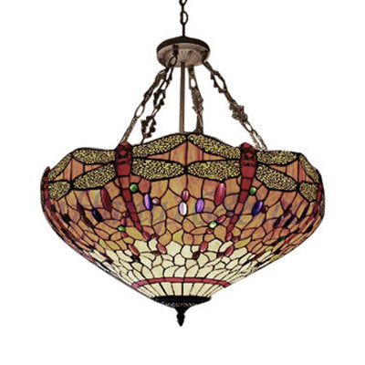 Orange Bowl Hanging Ceiling Light with Dragonfly Pattern 18"/23.5" W Lodge Tiffany Stained Pendant Light for Foyer Clearhalo 'Ceiling Lights' 'Chandeliers' 'Industrial' 'Middle Century Chandeliers' 'Tiffany Chandeliers' 'Tiffany close to ceiling' 'Tiffany' Lighting' 62998