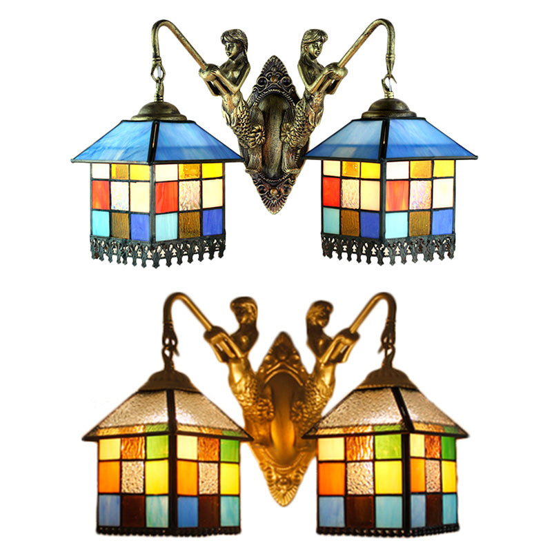 House Wall Light Fixture Tiffany Multicolor Stained Glass 2 Heads Clear/Blue Sconce Lighting Clearhalo 'Industrial' 'Middle century wall lights' 'Tiffany wall lights' 'Tiffany' 'Wall Lamps & Sconces' 'Wall Lights' Lighting' 63003