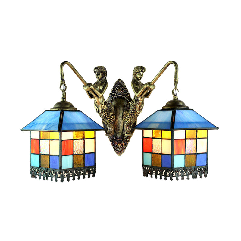 House Wall Light Fixture Tiffany Multicolor Stained Glass 2 Heads Clear/Blue Sconce Lighting Clearhalo 'Industrial' 'Middle century wall lights' 'Tiffany wall lights' 'Tiffany' 'Wall Lamps & Sconces' 'Wall Lights' Lighting' 63004