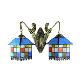 House Wall Light Fixture Tiffany Multicolor Stained Glass 2 Heads Clear/Blue Sconce Lighting Clearhalo 'Industrial' 'Middle century wall lights' 'Tiffany wall lights' 'Tiffany' 'Wall Lamps & Sconces' 'Wall Lights' Lighting' 63005