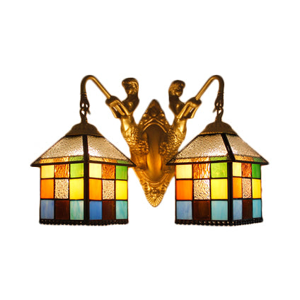 House Wall Light Fixture Tiffany Multicolor Stained Glass 2 Heads Clear/Blue Sconce Lighting Clearhalo 'Industrial' 'Middle century wall lights' 'Tiffany wall lights' 'Tiffany' 'Wall Lamps & Sconces' 'Wall Lights' Lighting' 63007
