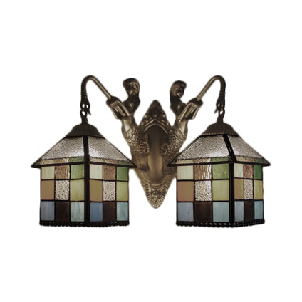 House Wall Light Fixture Tiffany Multicolor Stained Glass 2 Heads Clear/Blue Sconce Lighting Clearhalo 'Industrial' 'Middle century wall lights' 'Tiffany wall lights' 'Tiffany' 'Wall Lamps & Sconces' 'Wall Lights' Lighting' 63008