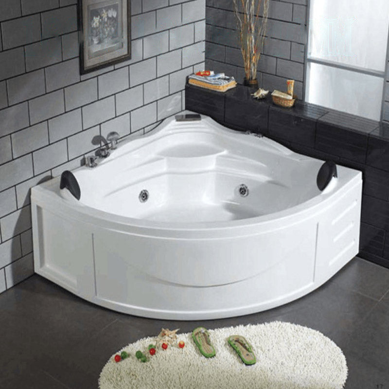White Corner Acrylic Bath Tub Bathroom Modern Back to Wall Tub 63"L x 63"W x 25"H Massage Tub with Silver 5-Piece Set Clearhalo 'Bathroom Remodel & Bathroom Fixtures' 'Bathtubs' 'Home Improvement' 'home_improvement' 'home_improvement_bathtubs' 'Showers & Bathtubs' 6300826