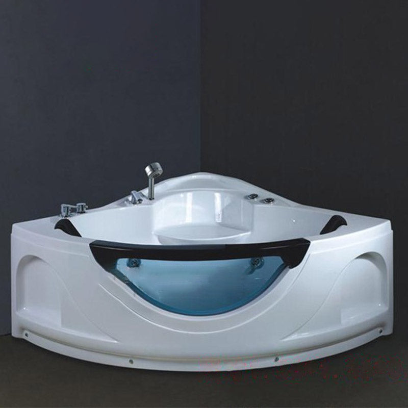 White Corner Acrylic Bath Tub Bathroom Modern Back to Wall Tub 54"L x 54"W x 28"H Massage Tub with Silver 5-Piece Set Clearhalo 'Bathroom Remodel & Bathroom Fixtures' 'Bathtubs' 'Home Improvement' 'home_improvement' 'home_improvement_bathtubs' 'Showers & Bathtubs' 6300831